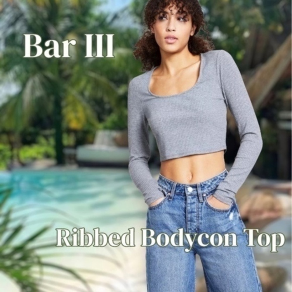 BAR III Ribbed Long Sleeve Bodycon Top in Blue-Grey